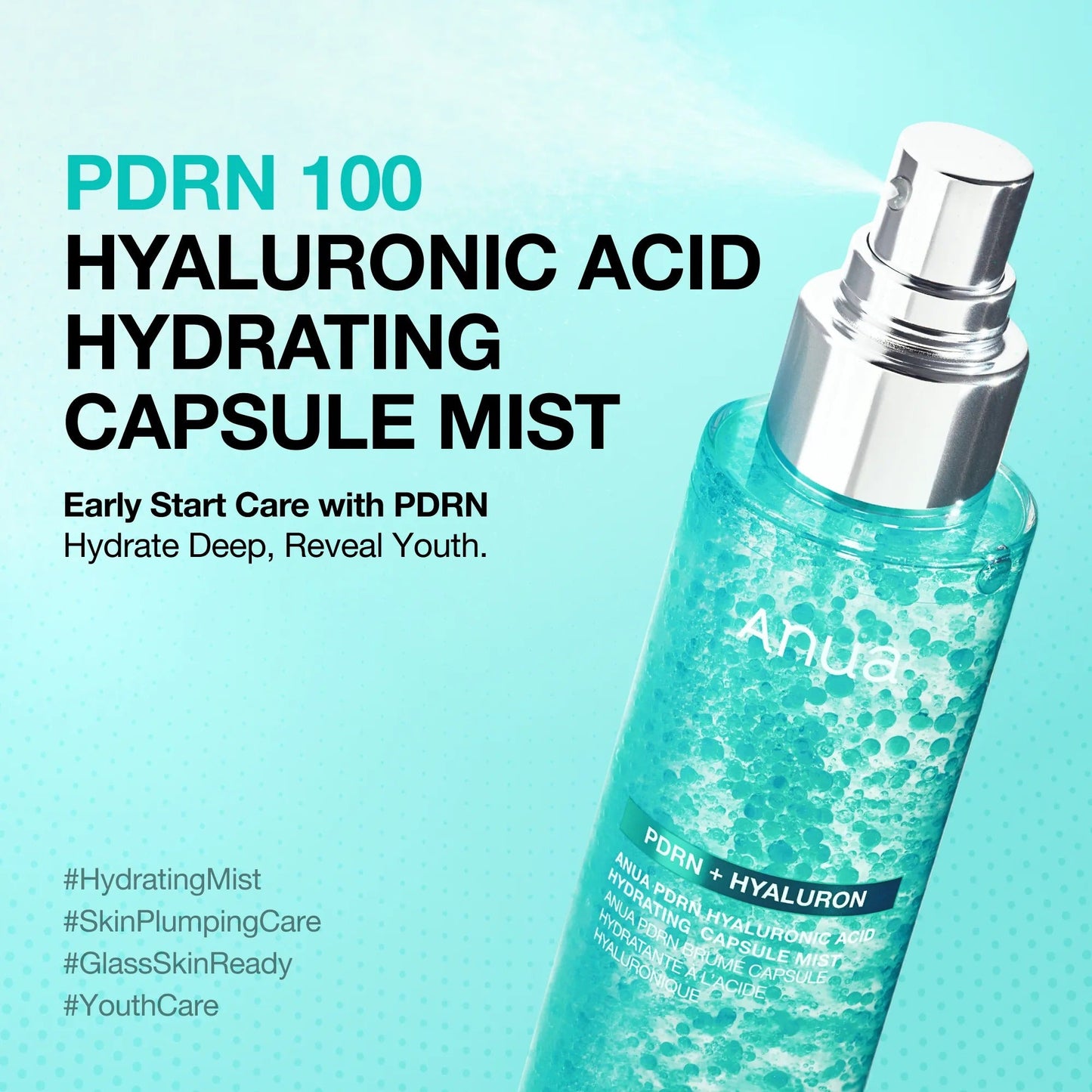 Anua PDRN 100 hyaluronic acid hydrating capsule mist bottle, silver pump, teal aqua