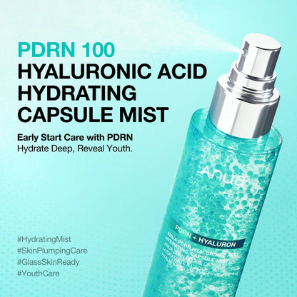 Anua PDRN 100 hyaluronic acid hydrating capsule mist bottle, silver pump, teal aqua