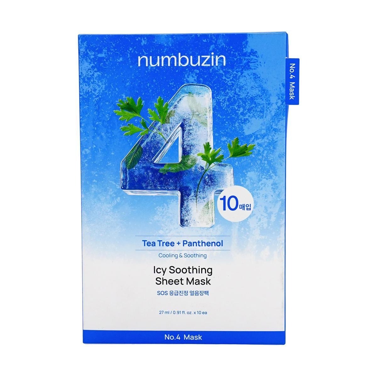No.4 Icy Soothing Sheet Mask pack, blue front with number 4 and plant illustrations