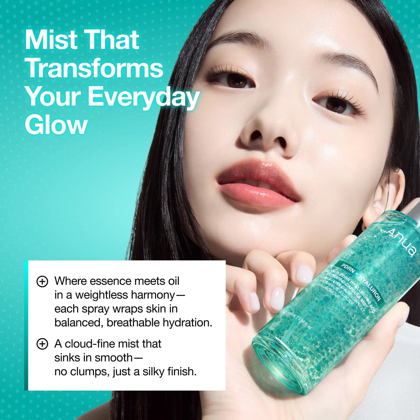 Anua mist bottle with silver pump and teal aqua liquid, held by person