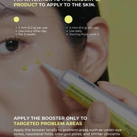 Skincare booster being applied near eye with green-and-white squeeze tube and tip