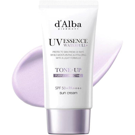 d’Alba UV Essence tone-up sun cream, white tube with lavender base, SPF50+ PA++++