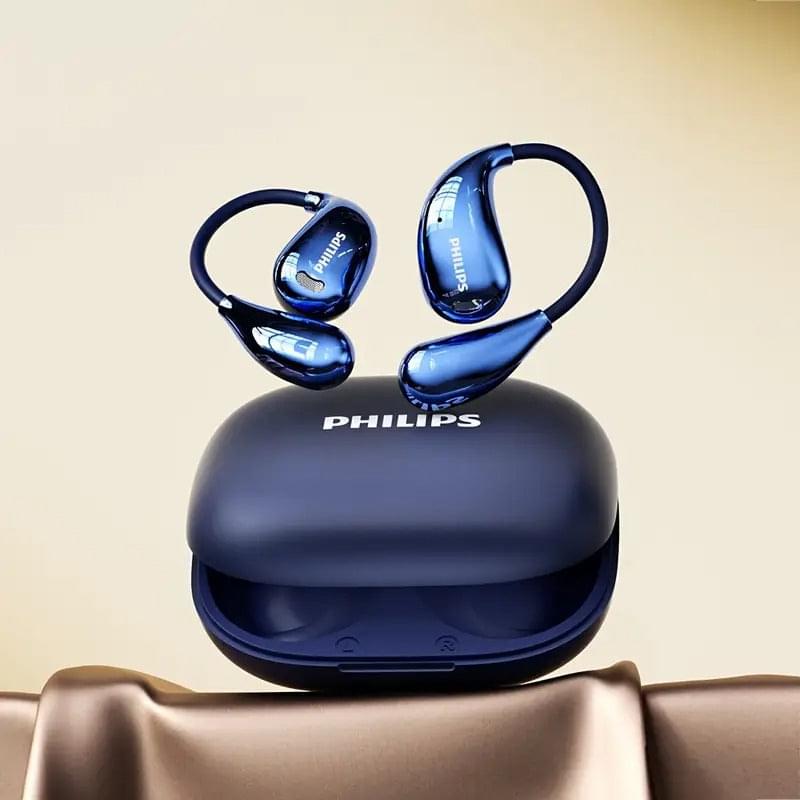 PHILIPS blue neckband-style earbuds and charging case, earbuds upright on top