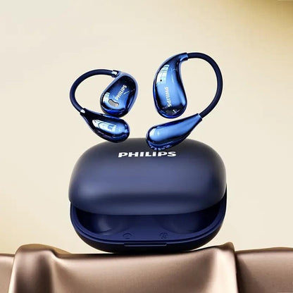 PHILIPS blue neckband-style earbuds and charging case, earbuds upright on top