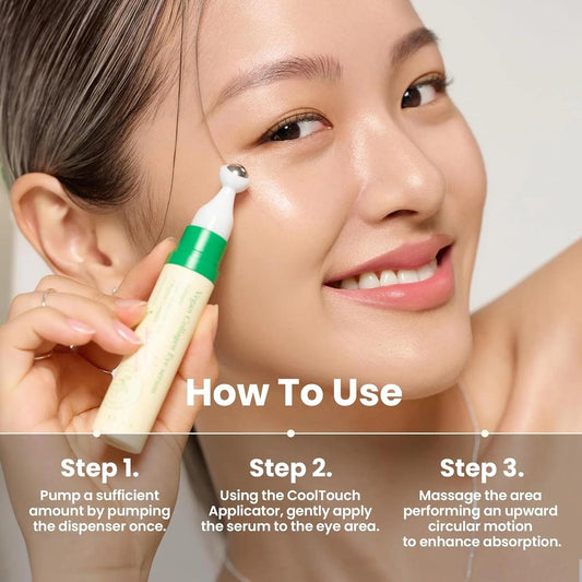 CoolTouch applicator dispensing vegan collagen eye serum near the eye area