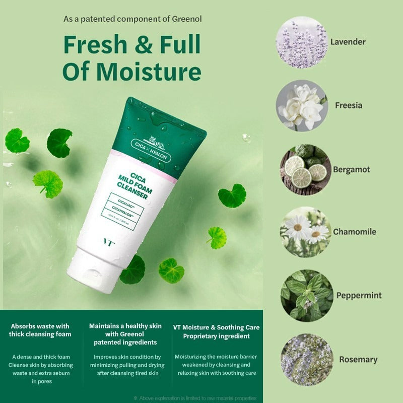 VT Cica Mild Foam Cleanser tube with fresh moisture theme and botanical ingredient icons