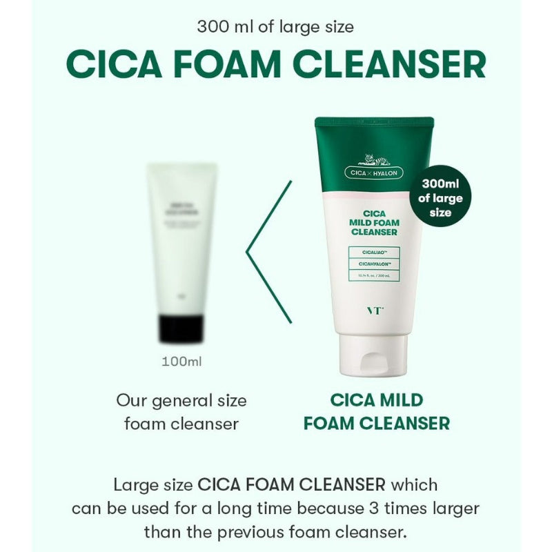 VT Cica Foam Cleanser size comparison: 300 ml tube with 100 ml cleanser shown