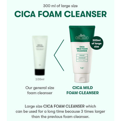 VT Cica Foam Cleanser size comparison: 300 ml tube with 100 ml cleanser shown