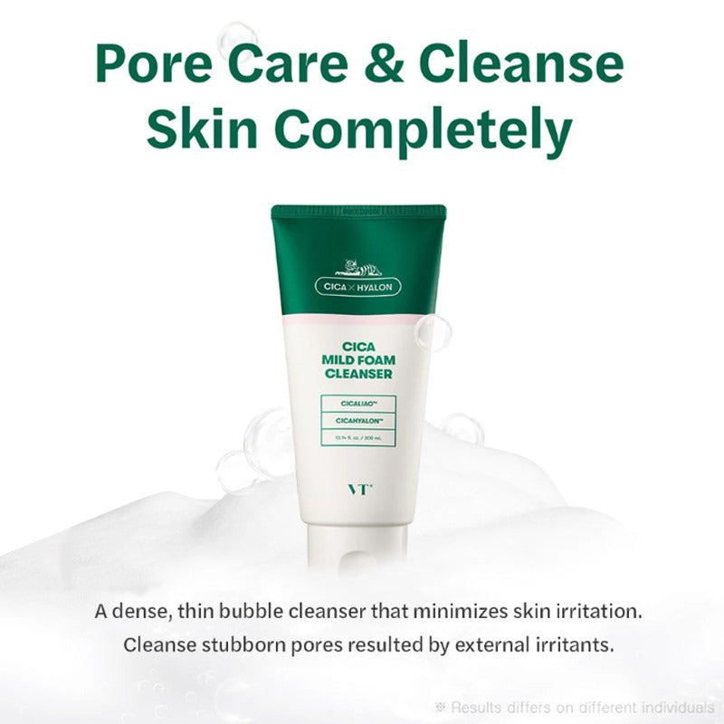 VT Cica Mild Foam Cleanser tube with 'Pore Care & Cleanse Skin Completely' text