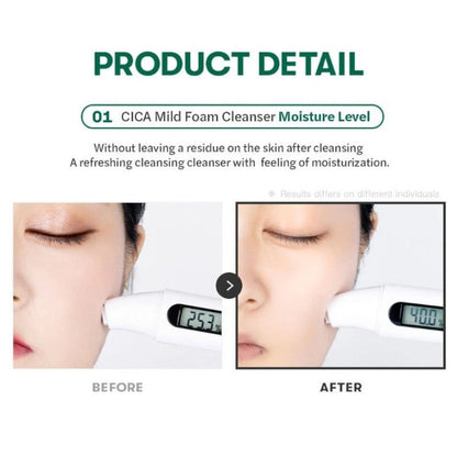 Cica Mild Foam Cleanser product detail infographic with cleanser tube and before/after