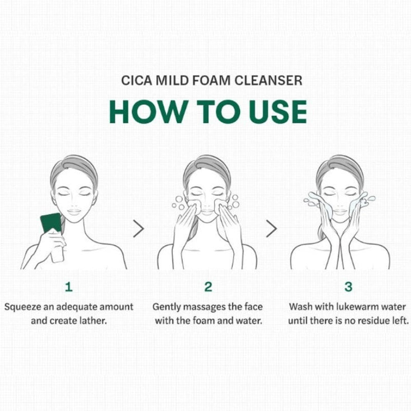 Cica Mild Foam Cleanser how-to-use steps infographic with cleanser tube illustration