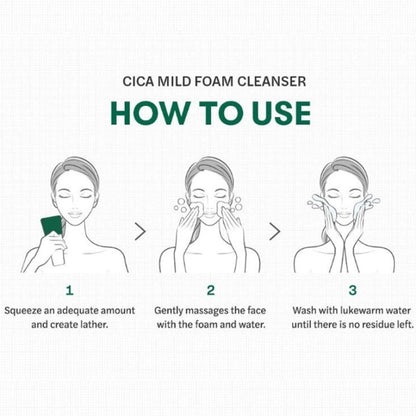 Cica Mild Foam Cleanser how-to-use steps infographic with cleanser tube illustration