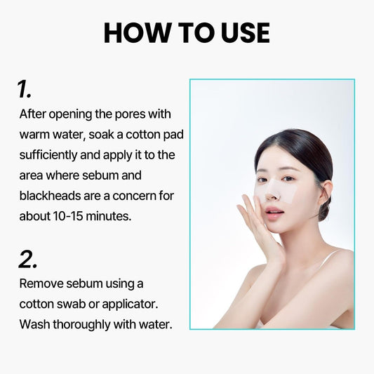 Clear nose patch use steps panel with person applying a cotton pad