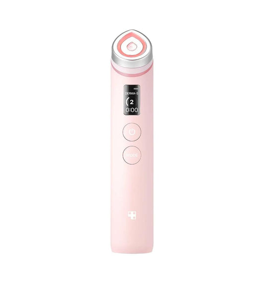 Pink handheld facial skin device with round top electrode and power button