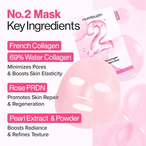 numbuzin No.2 key ingredients layout with rose PRDN collagen and pearl extract