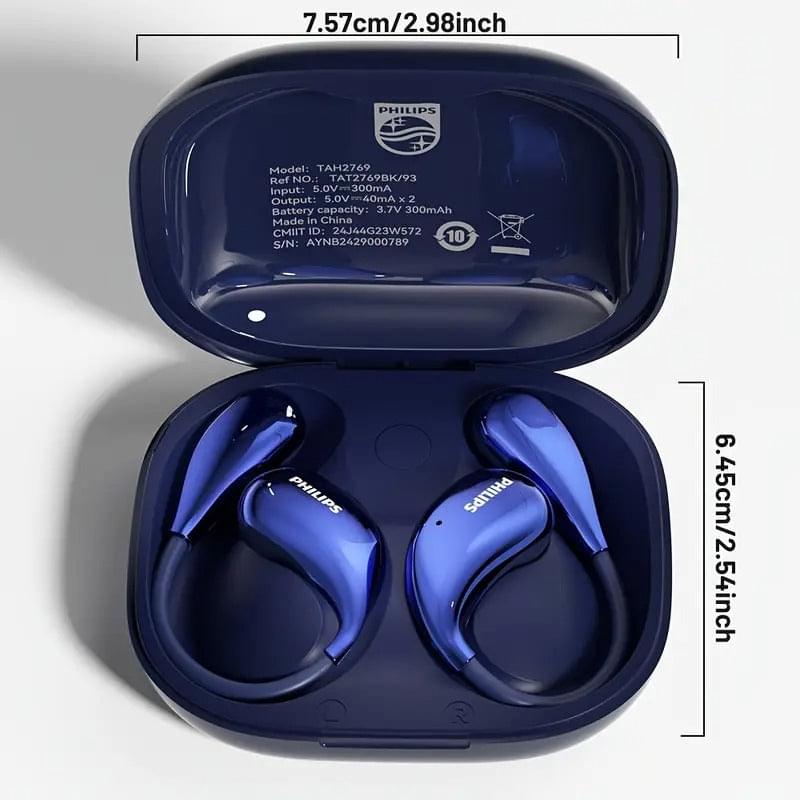 Blue wireless earbuds inside open charging case, top view