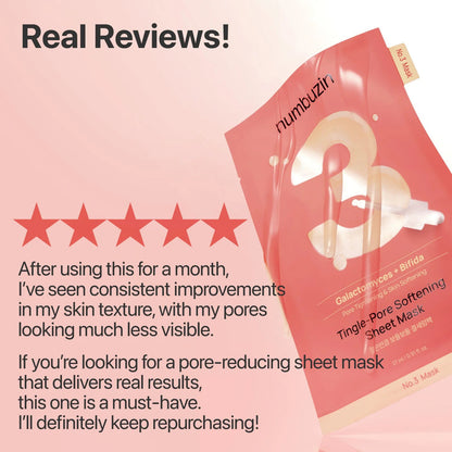 Sheet mask review poster for No.3, with 5-star rating and angled mask pack