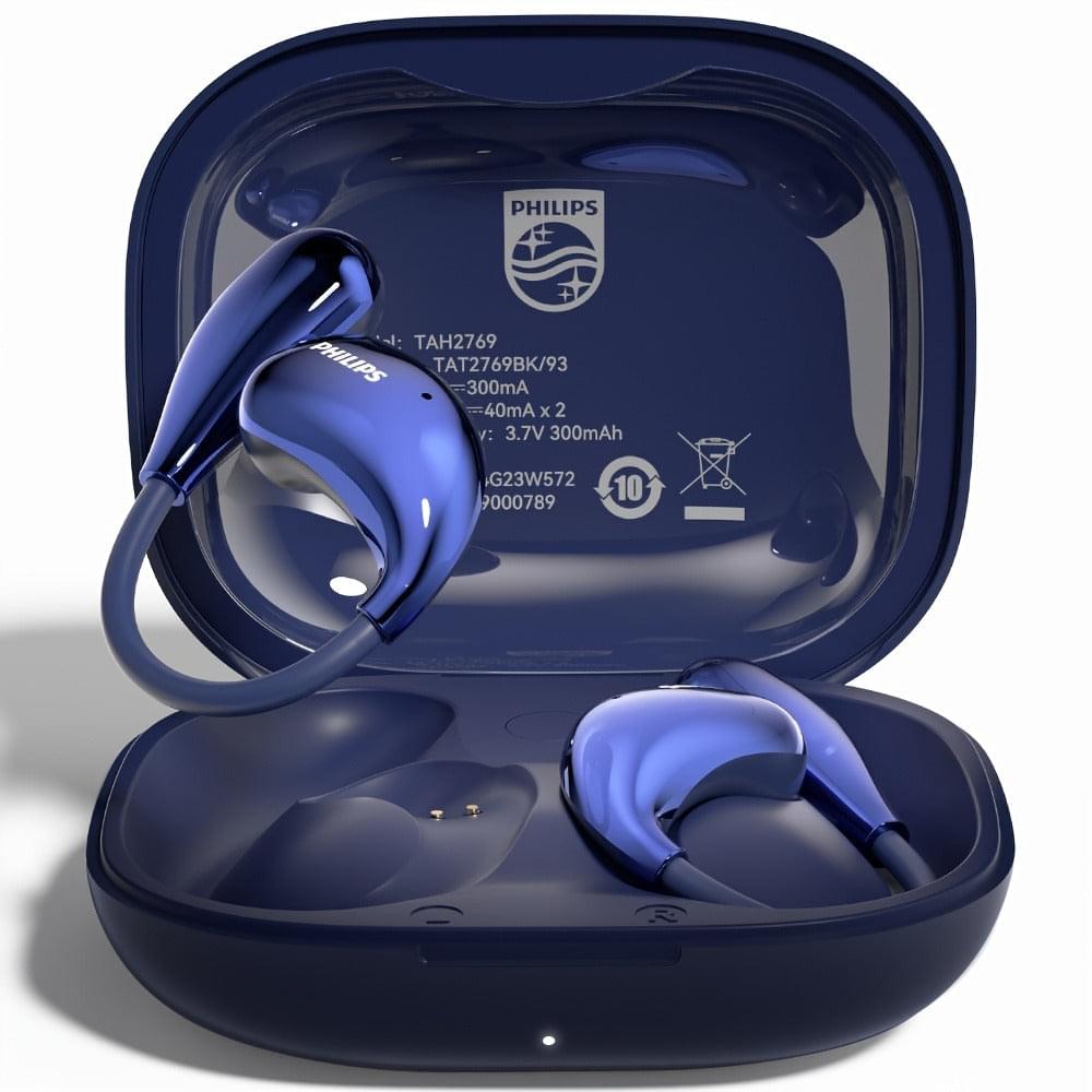 Blue wireless earbuds in open charging case, stem earbuds resting in tray