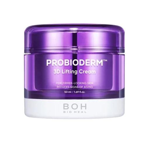 Lifting cream jar with purple cap and white lower label, BIOHEAL BOH PROBIODERM 3D