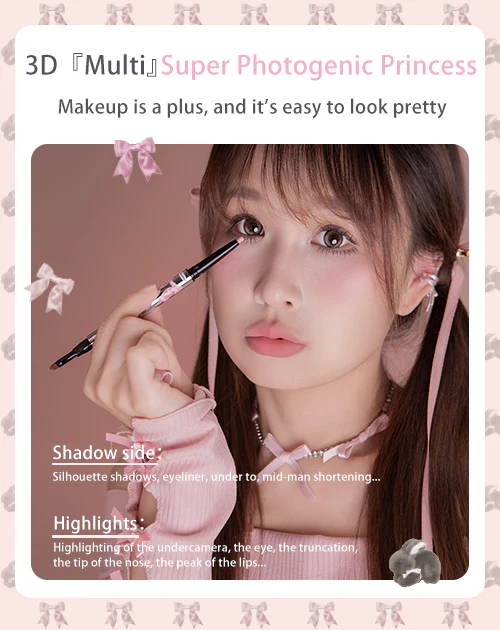 Double-ended eye makeup pencil held near the eye, showing the brush tip end