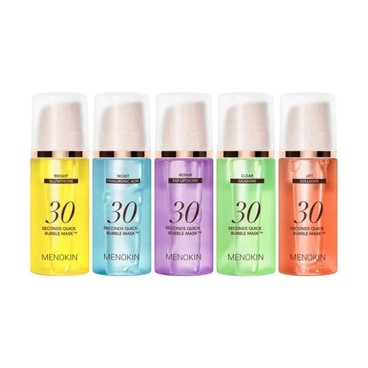 Set of five 30-second bubble mask bottles in yellow, blue, purple, green, orange