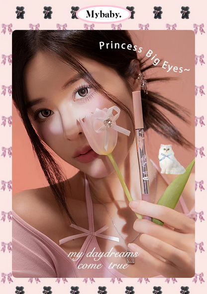Double-ended makeup pencil with light and dark ends held near the cheek and eye
