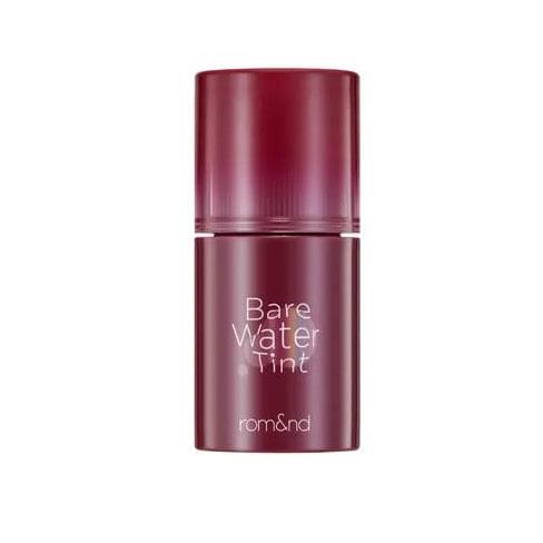 Romand Bare Water Tint in dark red tube, frosted bottle with matching cap
