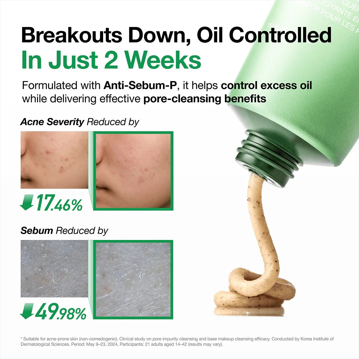Green Heartleaf foam tube dispensing cleanser onto skin-like surface