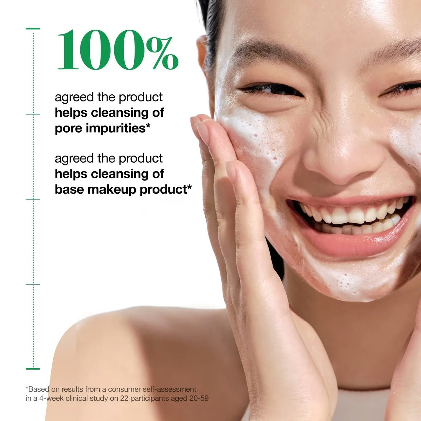 Foam cleanser being applied to face, showing white bubbles on skin