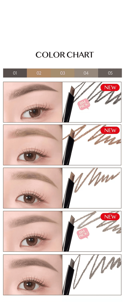 Brow color chart with swatches and eye examples for multiple shades.