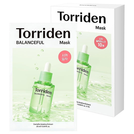 Torriden Balanceful mask box with two sheet mask pouches and green serum drop graphics