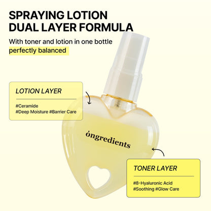 Heart-shaped spray lotion bottle with dual-layer formula graphic and white nozzle