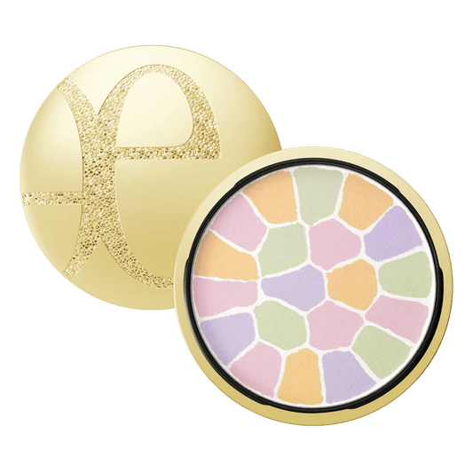 Face powder compact with pastel multi-tone mosaic pan, lilac and peach shades