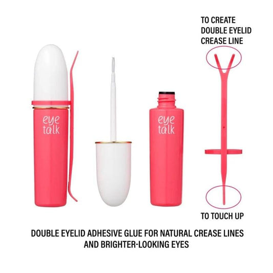 Double eyelid eyelid adhesive glue gel set with red bottle and white applicator tools.