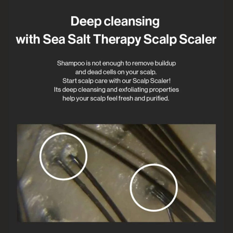 Scalp scaler close-up applying scrub along dark hair strands