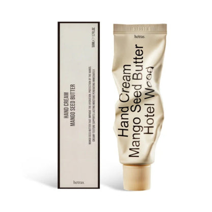 Hetras hand cream tube with box, gold tube labeled Hand Cream Mango Seed Butter