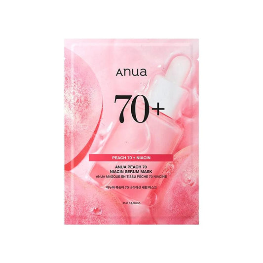 Anua 70+ peach niacin serum sheet mask pouch, front