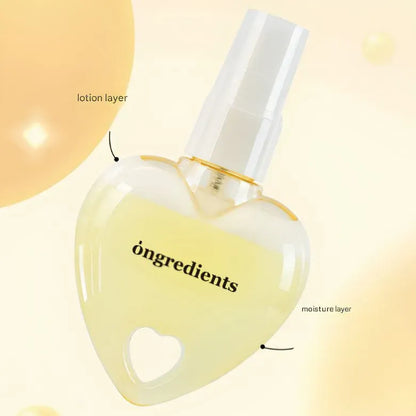Heart-shaped dual-layer glow mist bottle graphic showing lotion and moisture layers