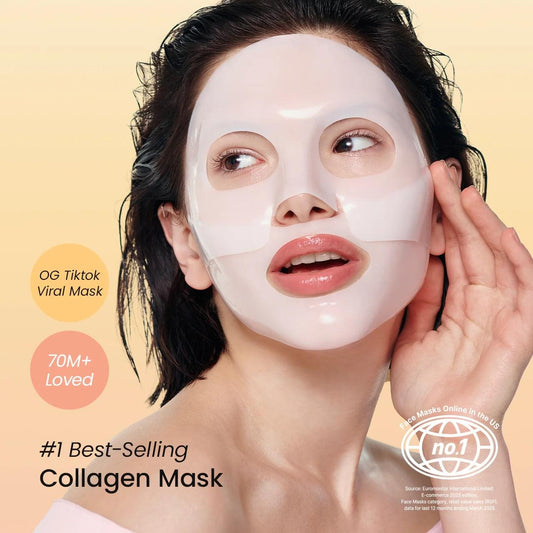 Woman wearing a translucent white facial sheet mask, smooth gel sheen on skin