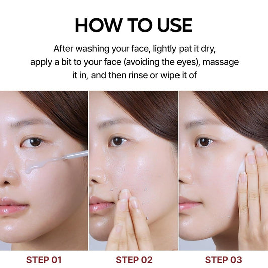 Skincare application of peeling ampoule on face, shown in three steps