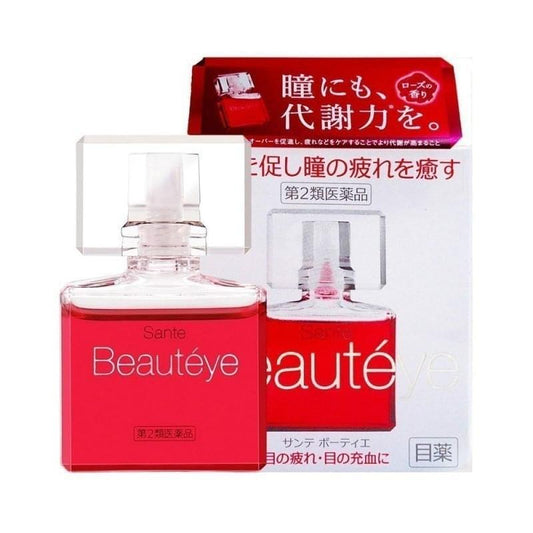 Sante Beauteye Contact eye drops bottle with red label and clear cap