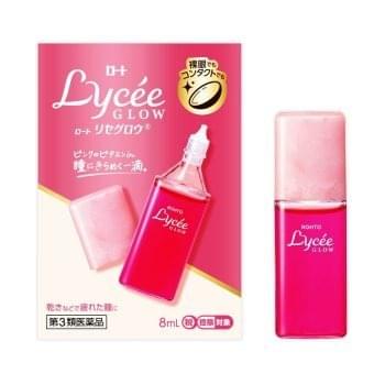 ROHTO Lycee Glow eye drops 8ml bottle and pink box with dropper graphic