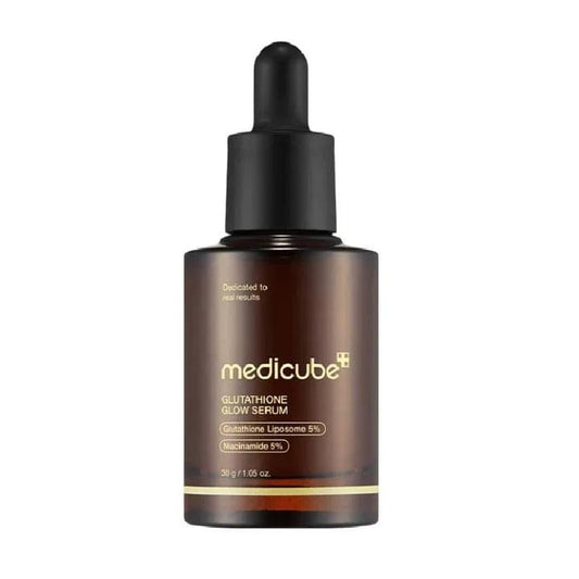 Medicube glutathione glow serum bottle with black dropper, amber glass