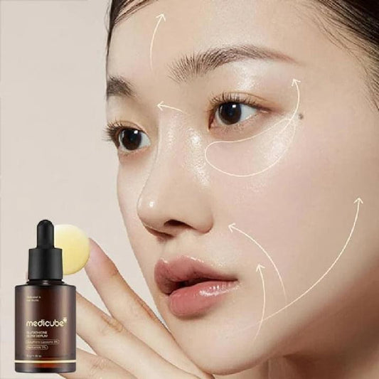 Medicube glow serum bottle with black dropper beside skincare on face