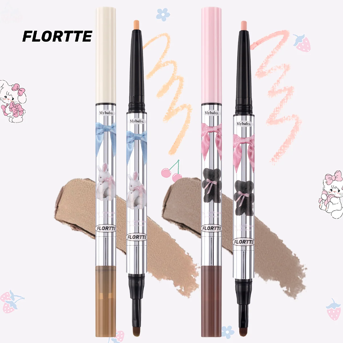 Two double-ended eye pencils showing light and pink-toned barrels and dark tips