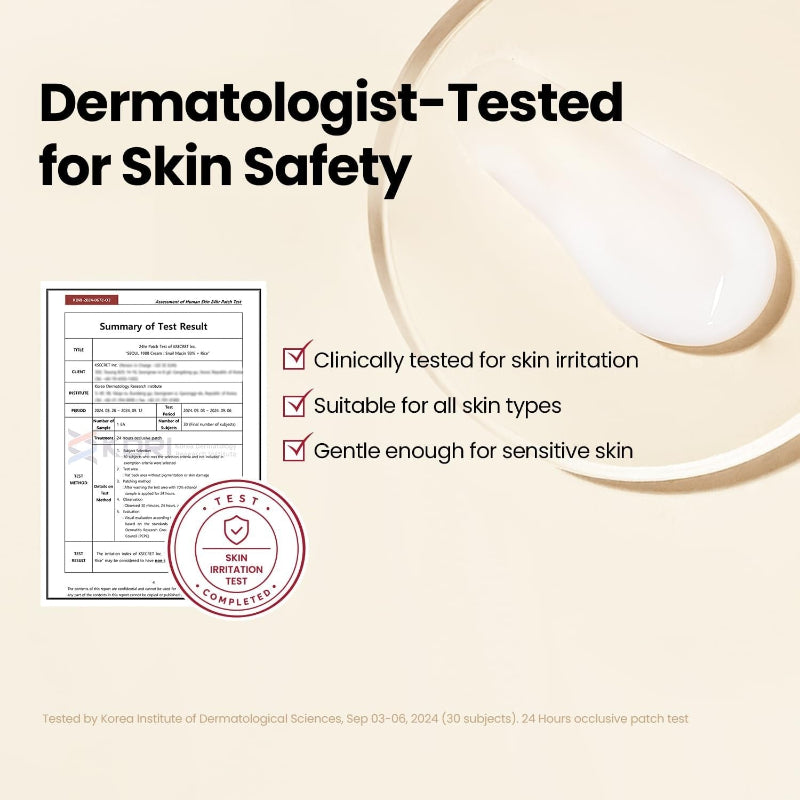 Cream product with checkmarks and test summary, gentle cream smear visible
