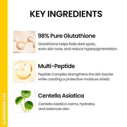 Key ingredients panel for ongredients glow mist, listing 98% pure gluthathione