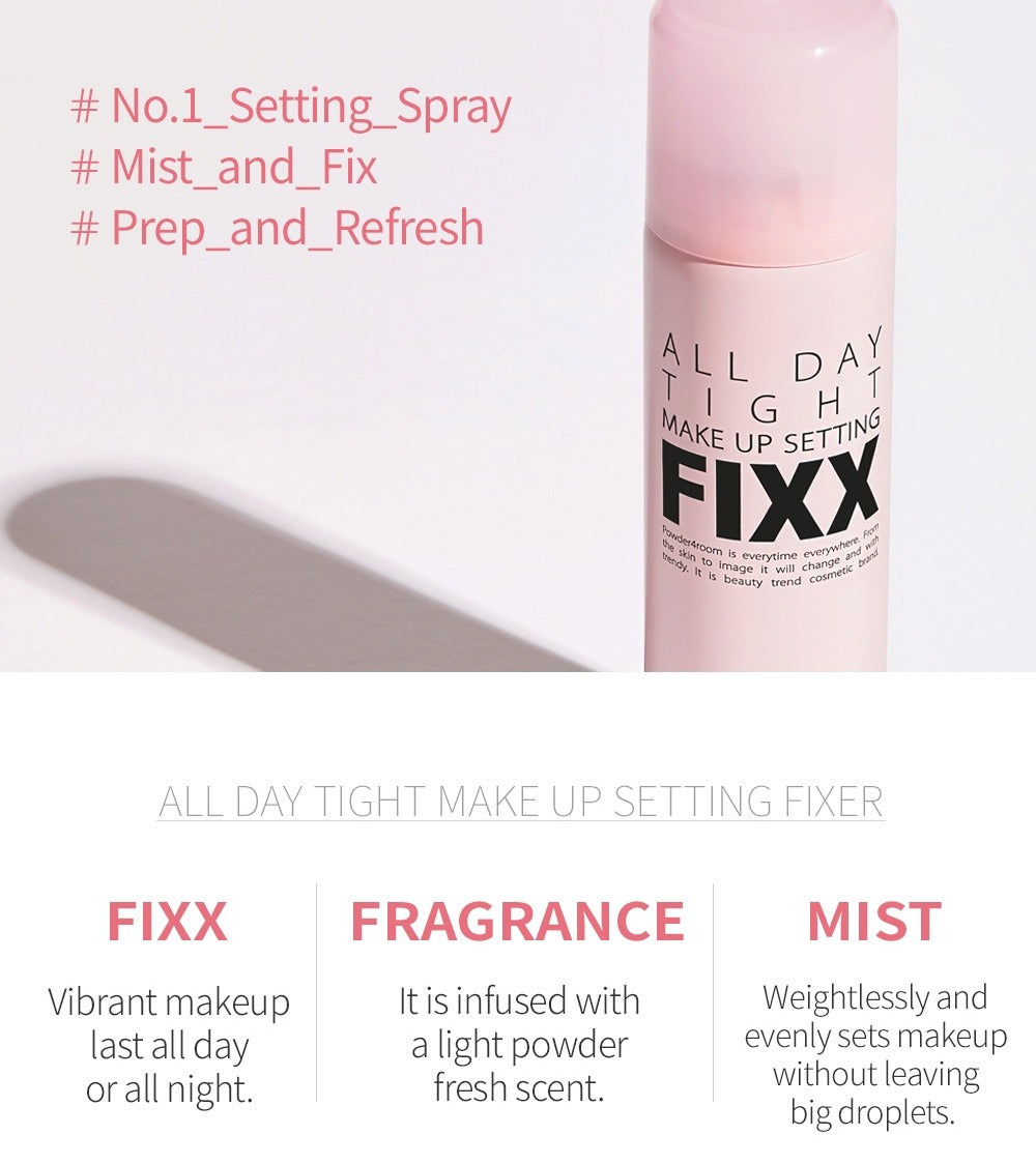 Makeup setting spray bottle with mist, fixx, and fragrance highlight text