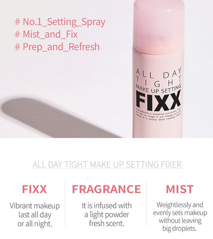 Makeup setting spray bottle with mist, fixx, and fragrance highlight text