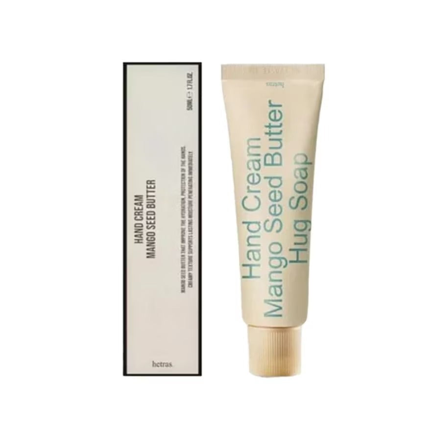 Hetras Hand Cream Mango Seed Butter tube with box, gold tube and beige cap